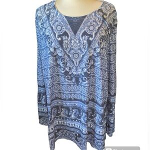 Cato blouse long bell sleeves round neckline rhinestones patterned size XLarge